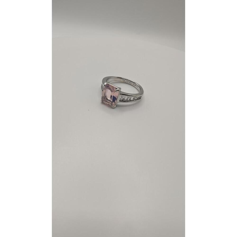 Silver Ring with Pink Square Gemstone and Clear Side Stones Size 6